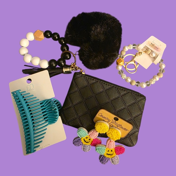 Boutique Accessories - Hair Clip, Earrings, Wristlet, Wristlet Pouch With Zipper Bundle New